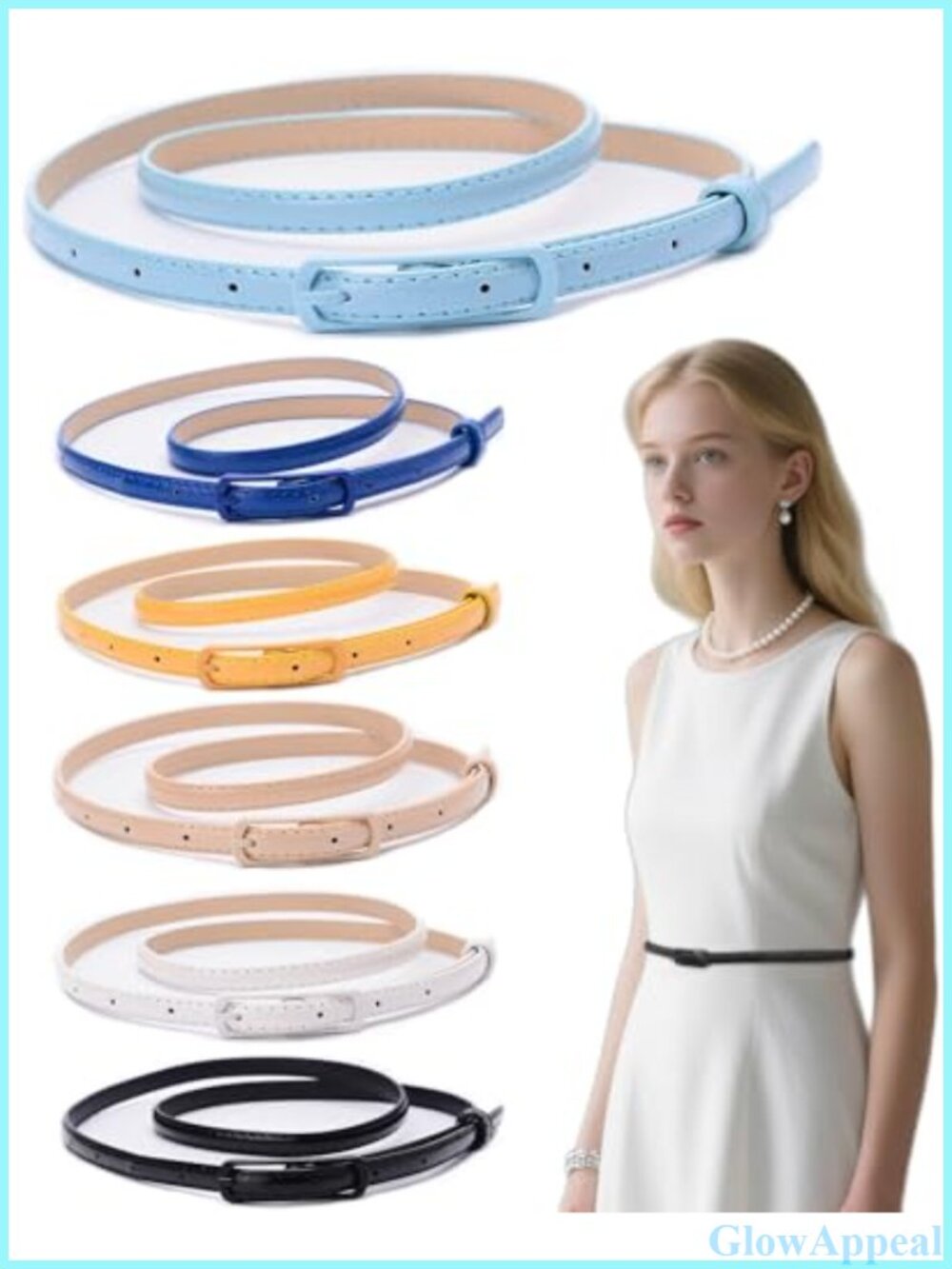 Slim PU Leather Skinny Belts 6 Pack Thin Waist Belt for Dresses Jeans